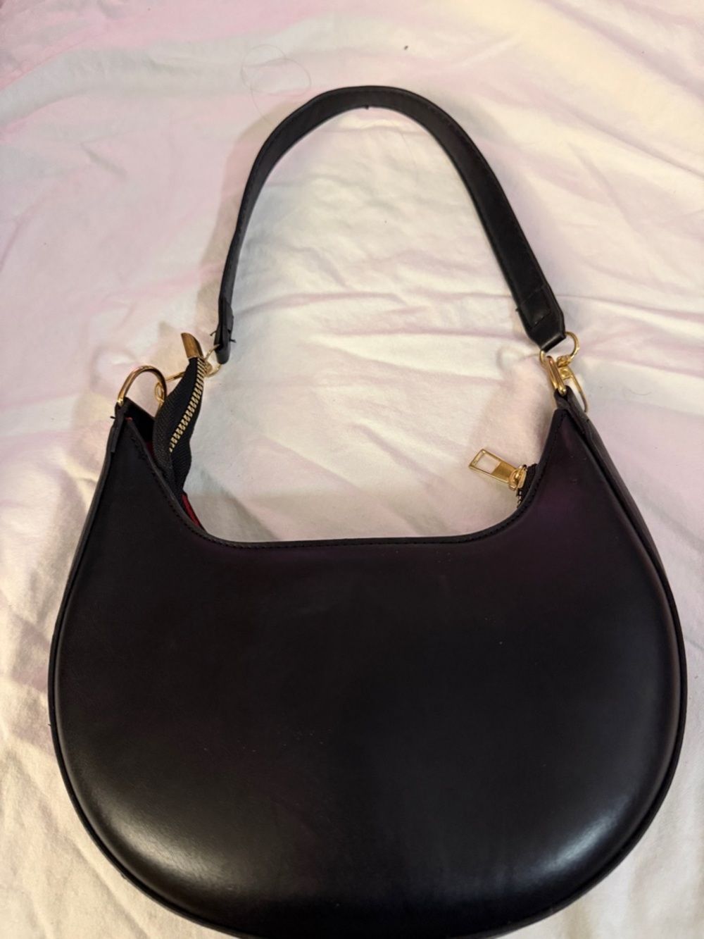 Black Leather Crescent Shoulder Bag with Gold Hardware